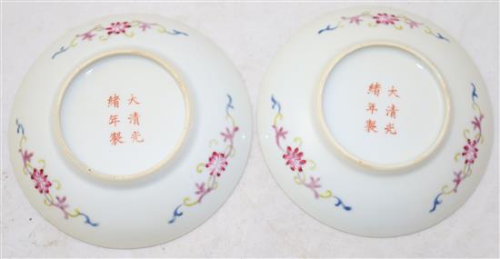 A pair of Chinese shou medallion famille rose saucer dishes, Guangxu six character marks and probably of the period (1875-1908), 12.7